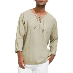 New Men's Long Sleeve Linen Tee, Kaki
